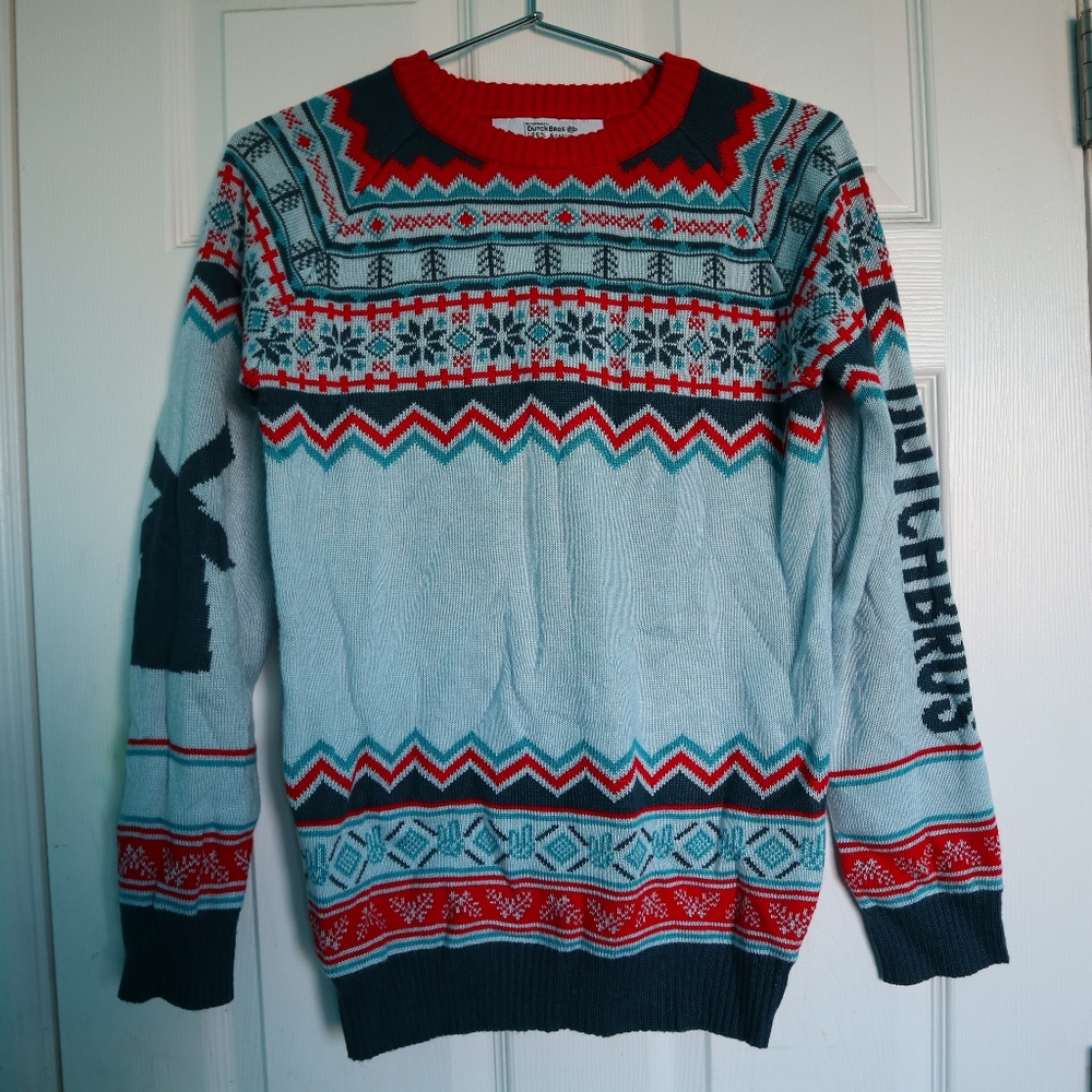 Dutch Bros Coffee Small S Nwot Ugly Christmas Sweater Crochet Knitted Blue New